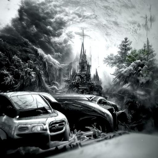 Dramatic Car Crash in Sinister Charcoal Style