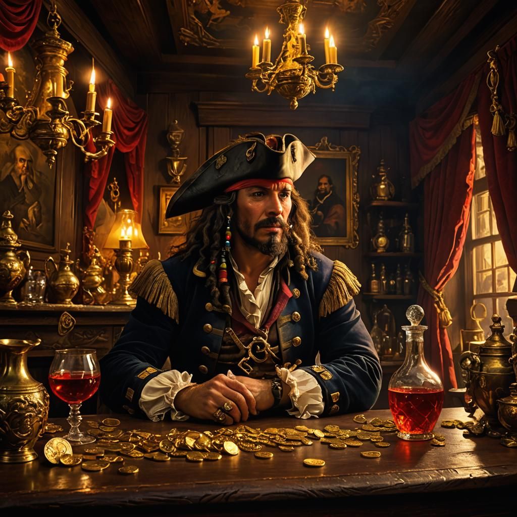 Baroque Pirate Captain in a Golden Lit Tavern
