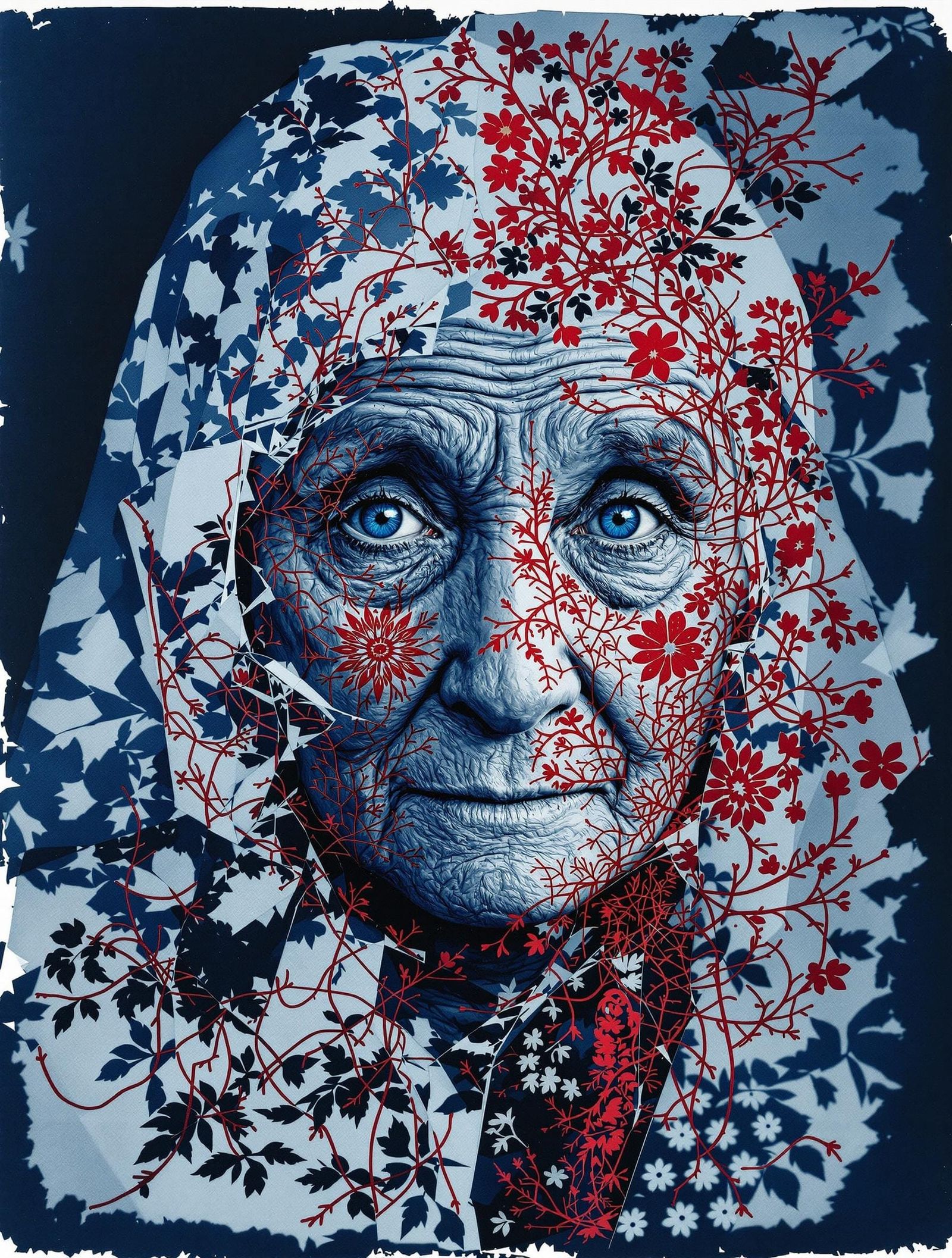 Elderly Ukrainian Woman Embroidered in Cyanotype
