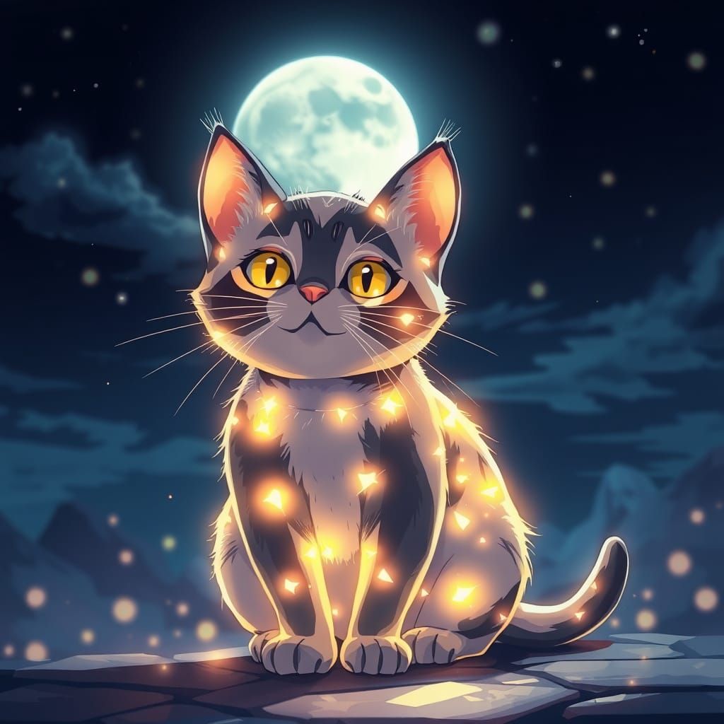 Sparkling Light Cat in Moonlight, Anime Style