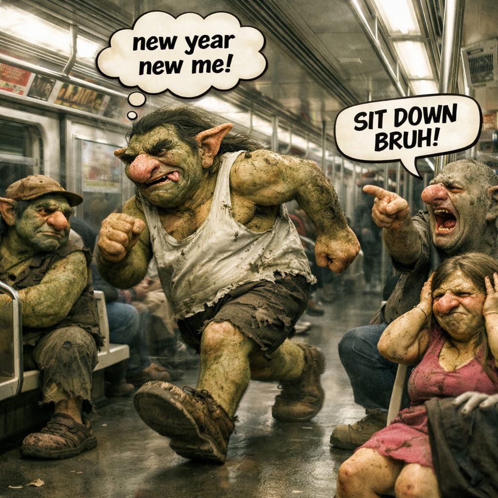 Troll's New Year Resolution on a Crowded Train