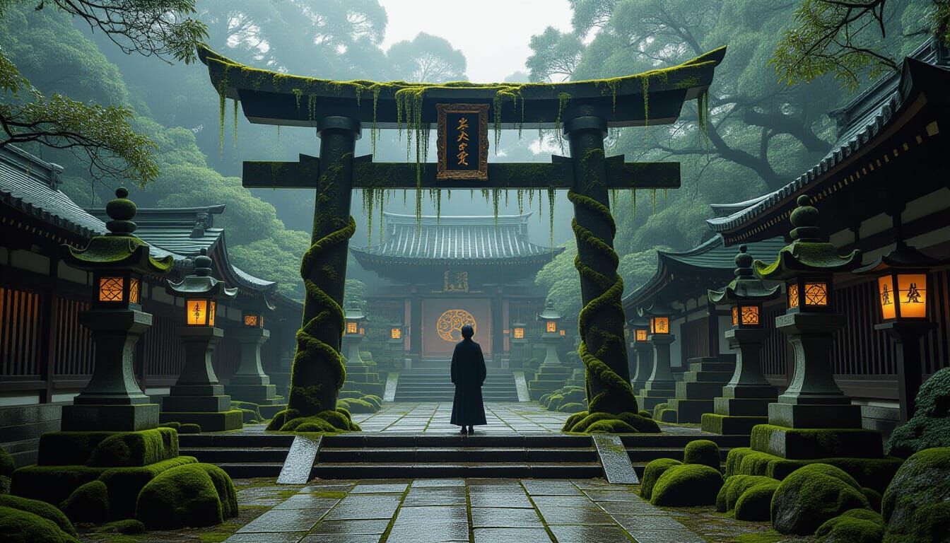 Torii Gate Rises From Giant Pencil in Klimt-Inspired Ruins