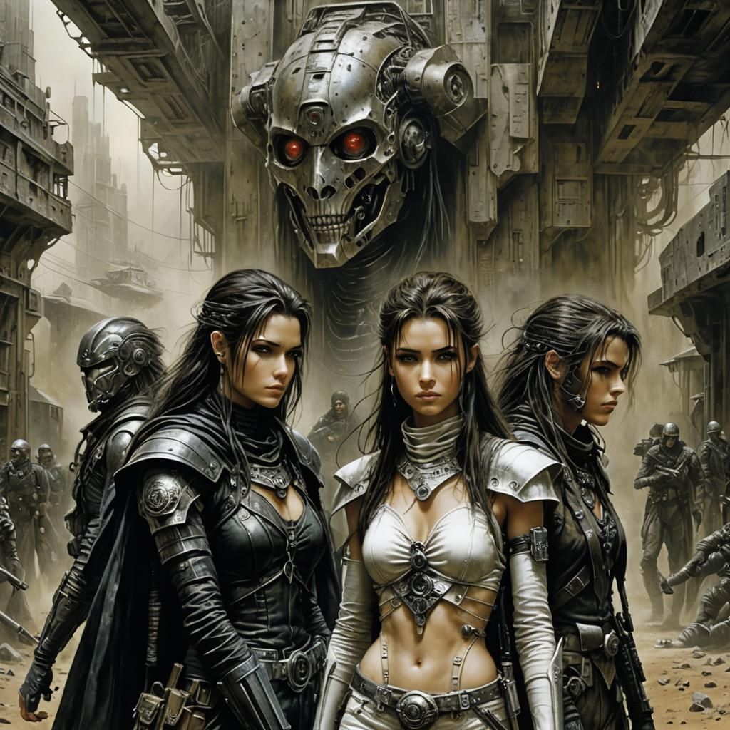 Dystopian Resistance Hideout Meeting in Luis Royo Style