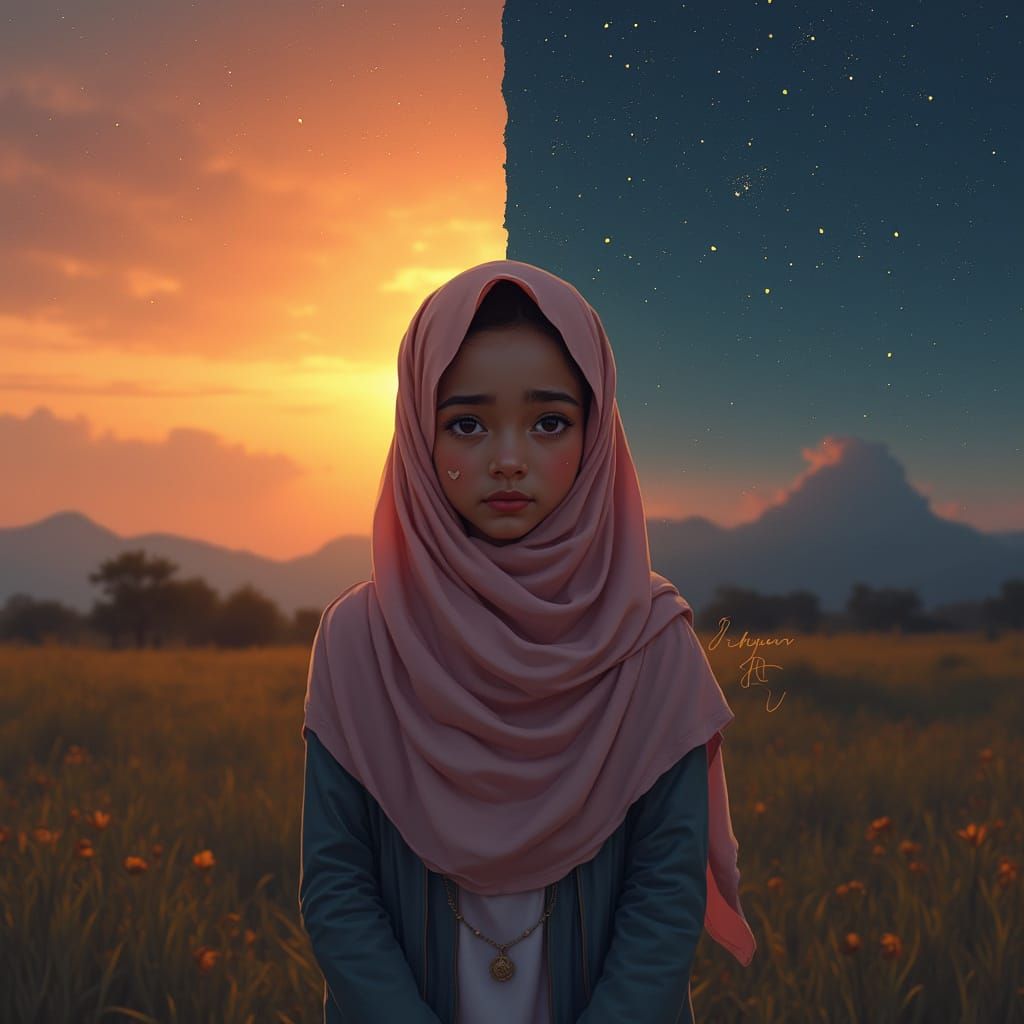 Emotional Malay Woman in Split-Scene Digital Art