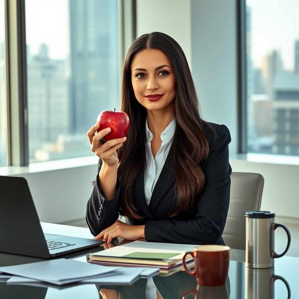 Woman in Modern Office About to Eat Apple
