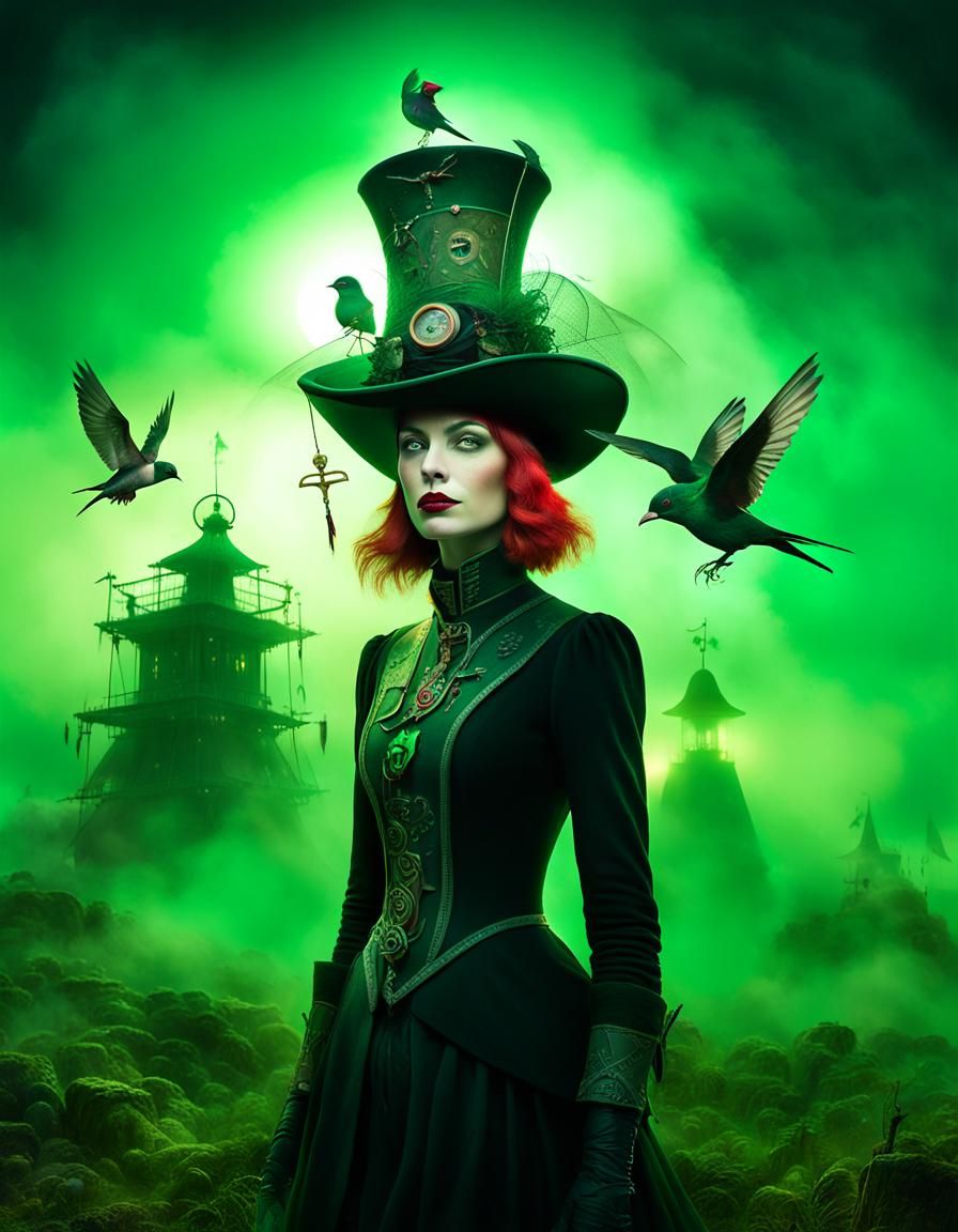 Surreal Carnival Landscape with Cyborg Girl and Bird