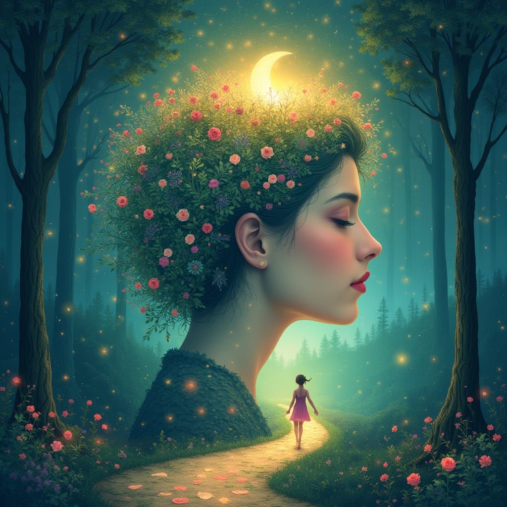 Ethereal Woman with Foliage Hair in Dreamlike Forest