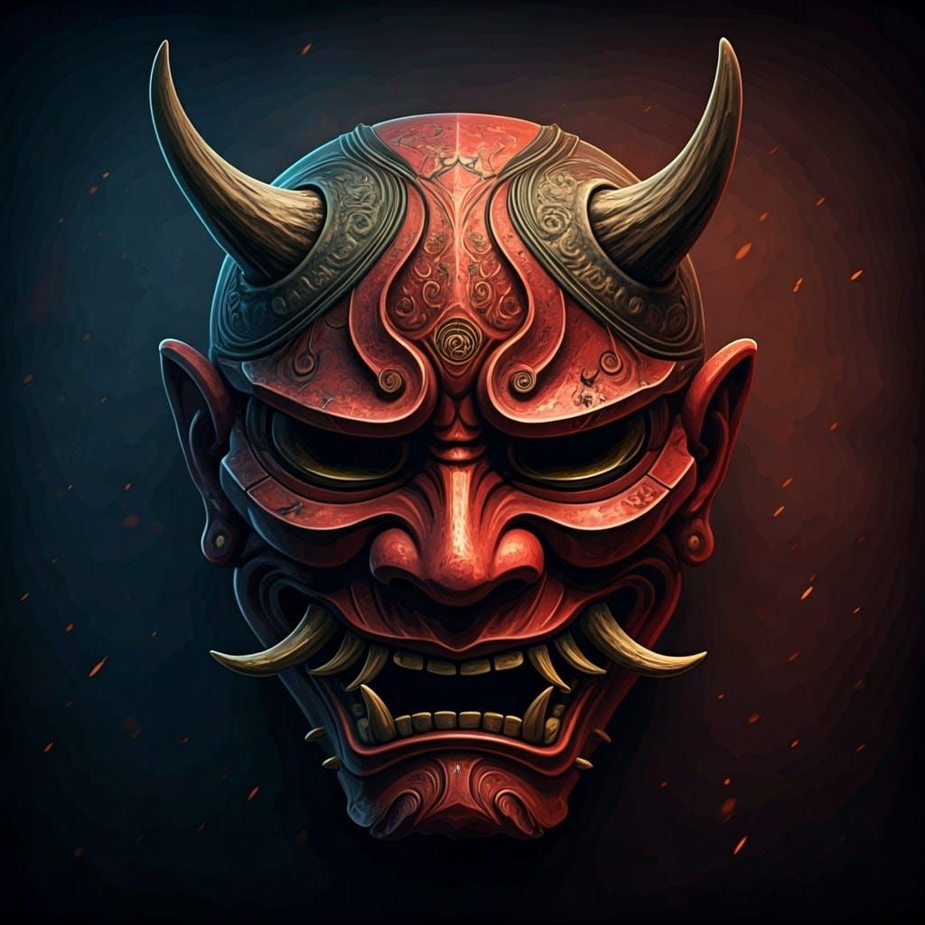Ancient Red Oni Mask in Golden Brown with Chiaroscuro Lighti...
