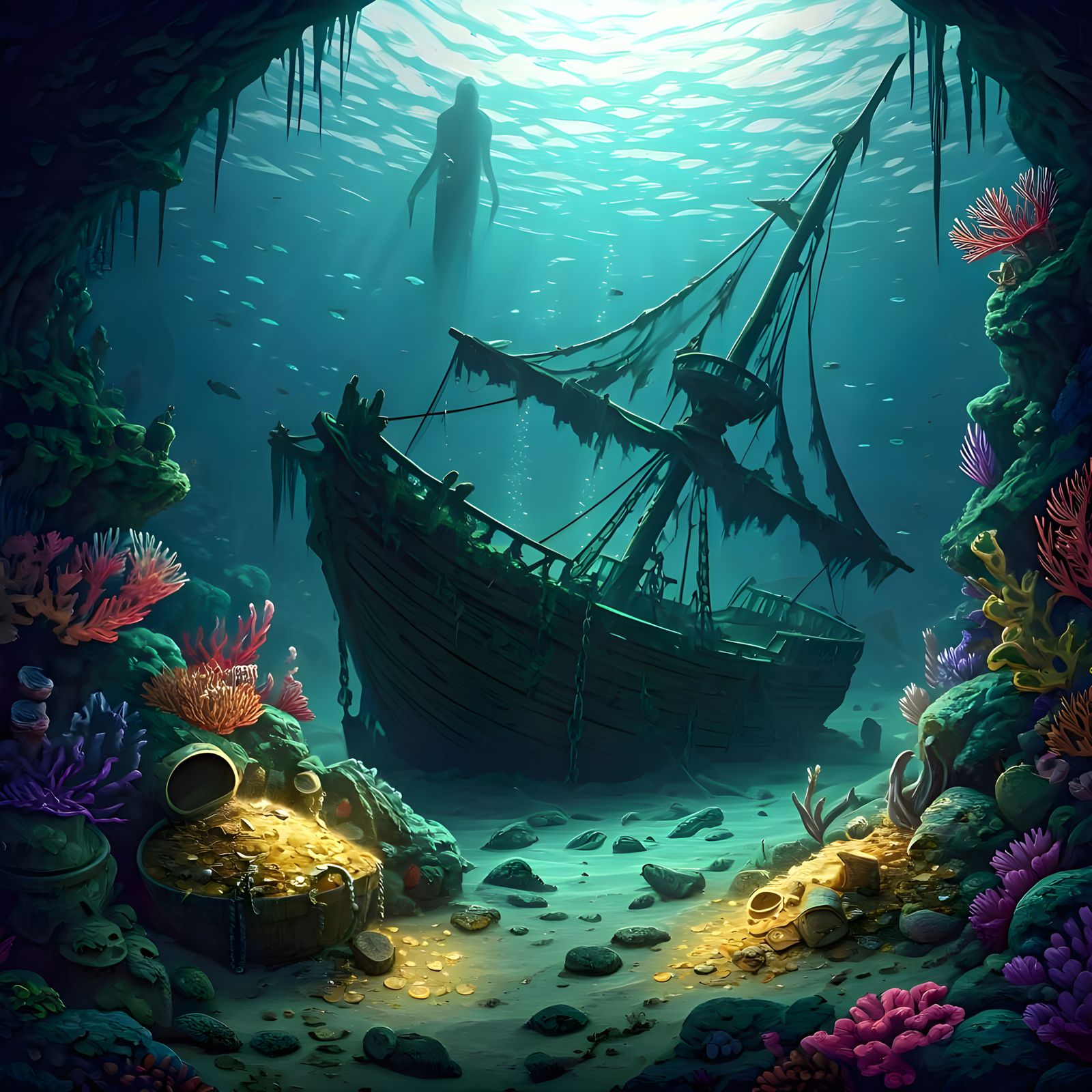 Surreal Oceanic Shipwreck in a Golden Ruin
