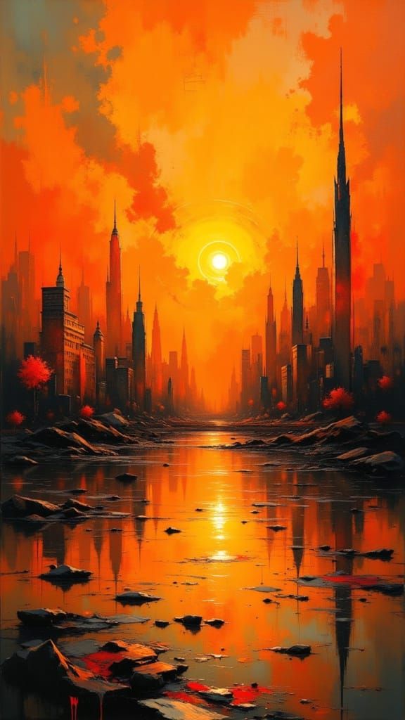 Surreal Orange Cityscape with Tangerine Sunset