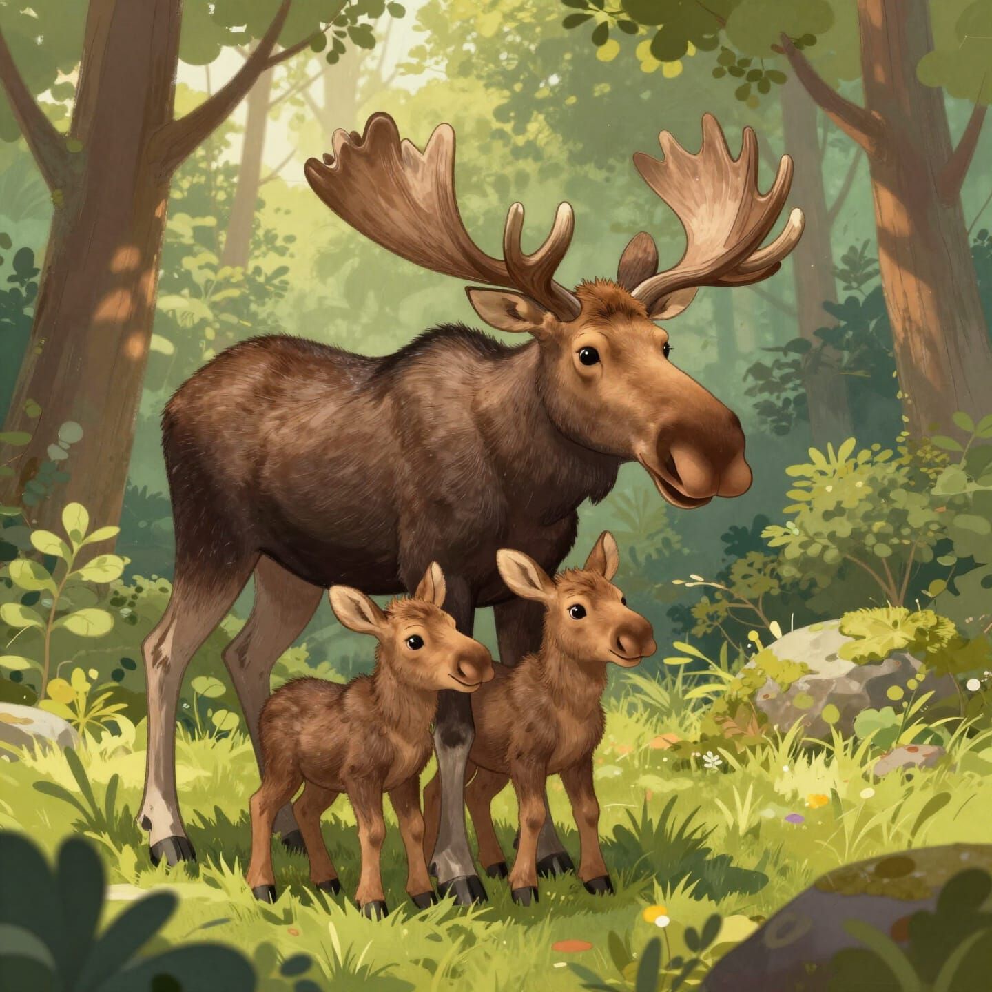 Heartwarming Mother Moose and Calves in Forest Clearing