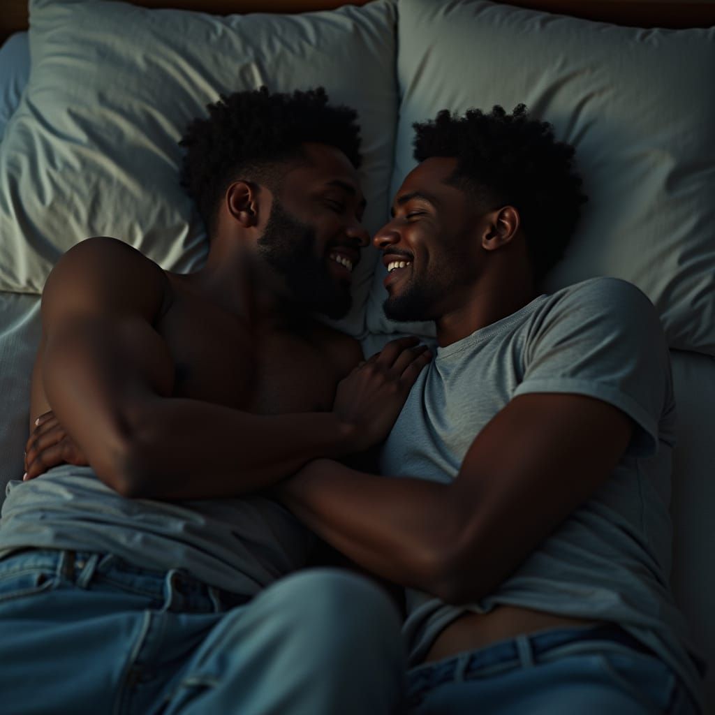 African American Men in Tender Embrace, Soft Focus, Warm Lig...
