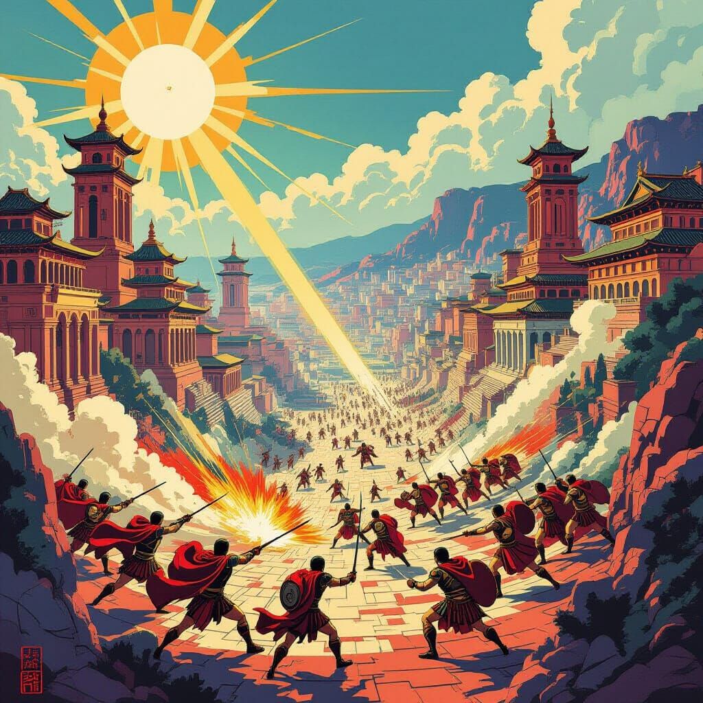 Vivid ukiyo-e style in  Futuristic Roman Empire city, great ...