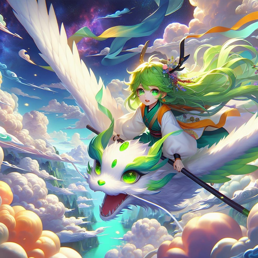 Anime Girl Riding Dragon in Fantasy Landscape