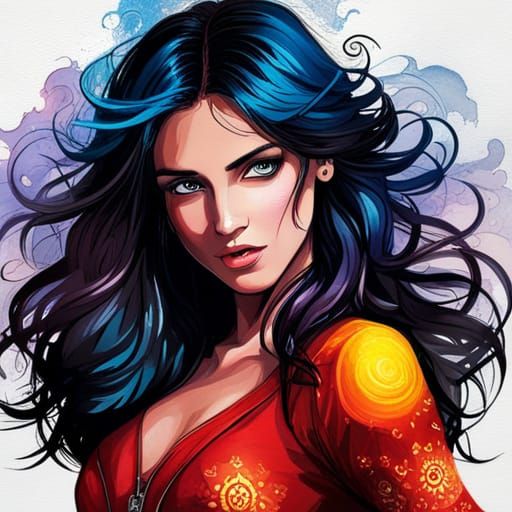 Cosmic Gypsy Girl in Mixed Media Illustration