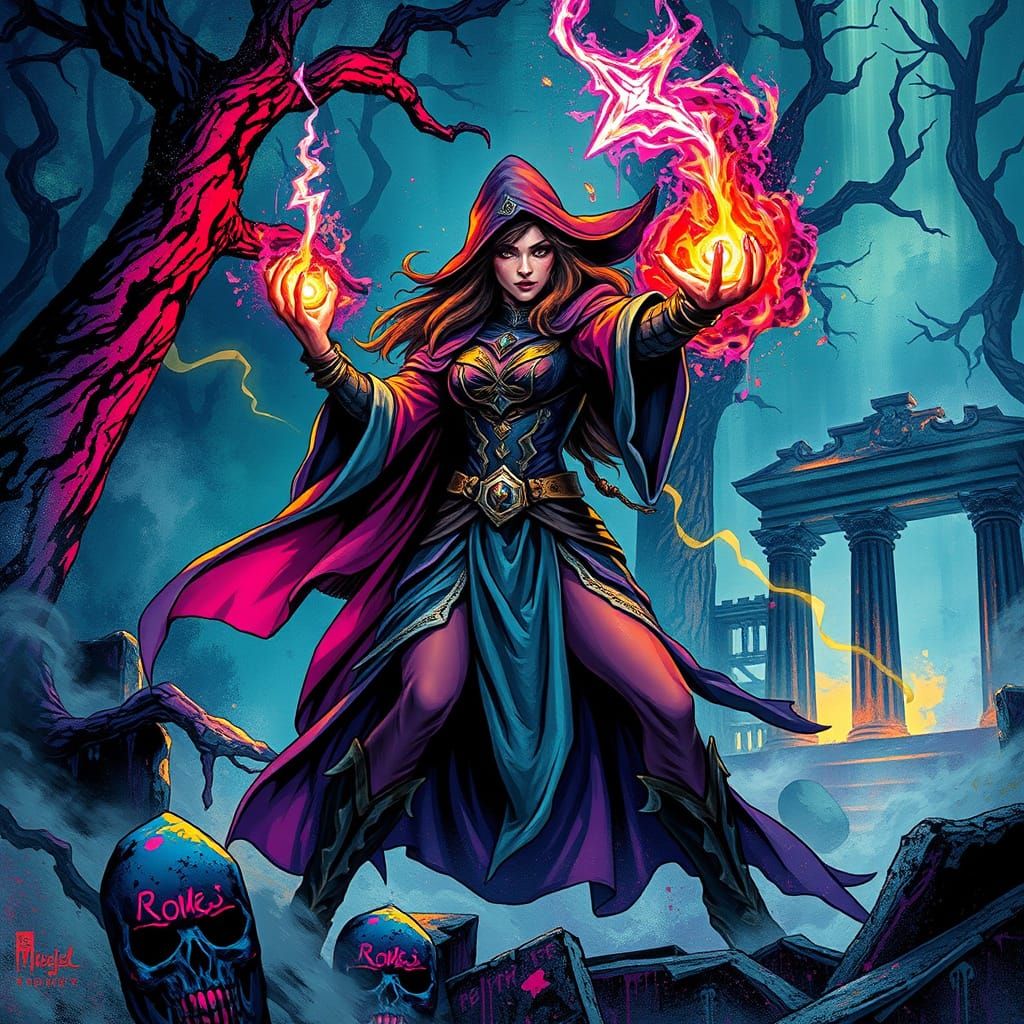 Powerful Sorceress Conjuring Magic in Ancient Temple Ruins