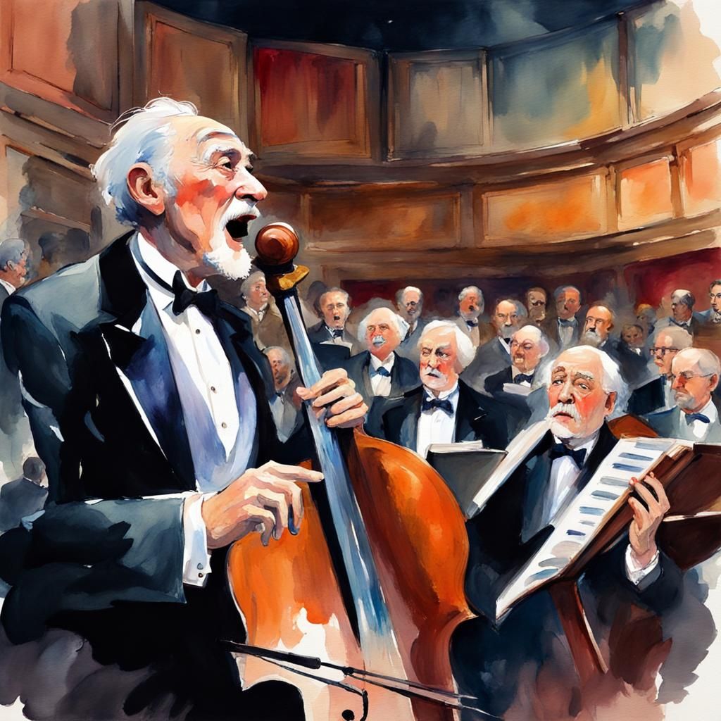 Melancholy Singer with Orchestra: Watercolor Gouache Style