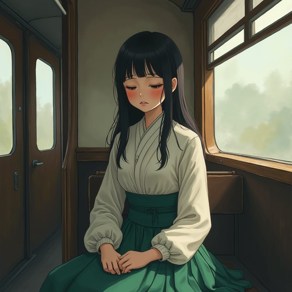 Devout Woman on Vintage Train in Watercolor Style