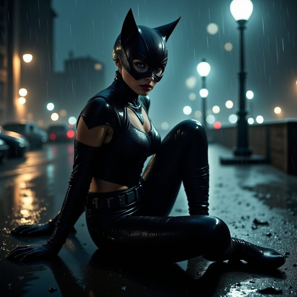 Catwoman in Moody Gotham Cityscape
