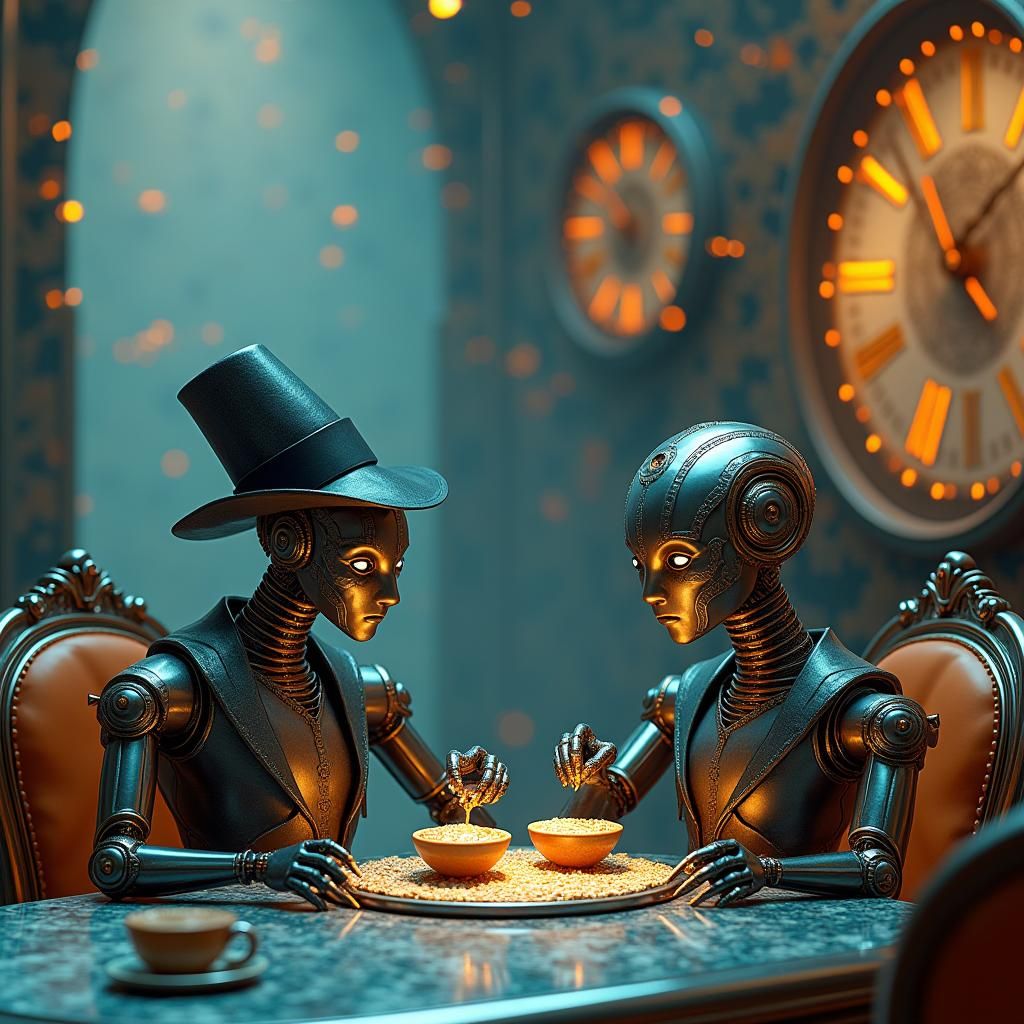 Robots Holmes and Watson Breakfast, Surreal Cyberpunk Art