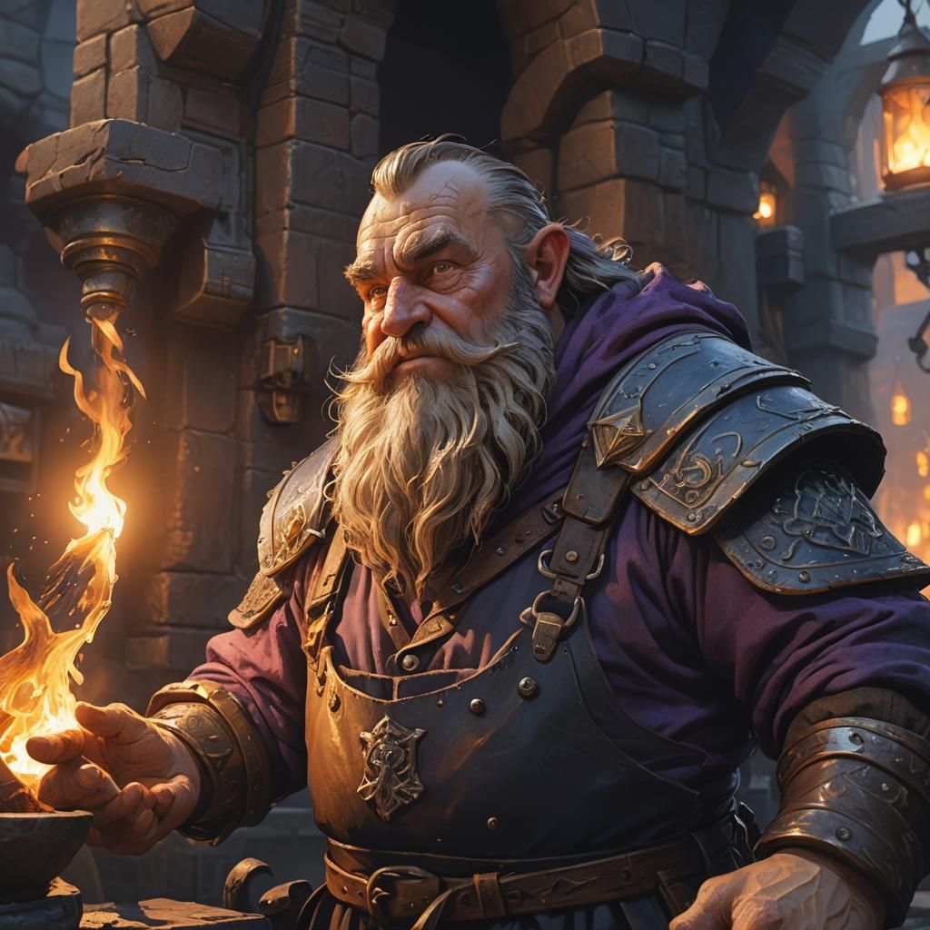 Fantasy Dwarf Holding Ember, Detailed Matte Painting
