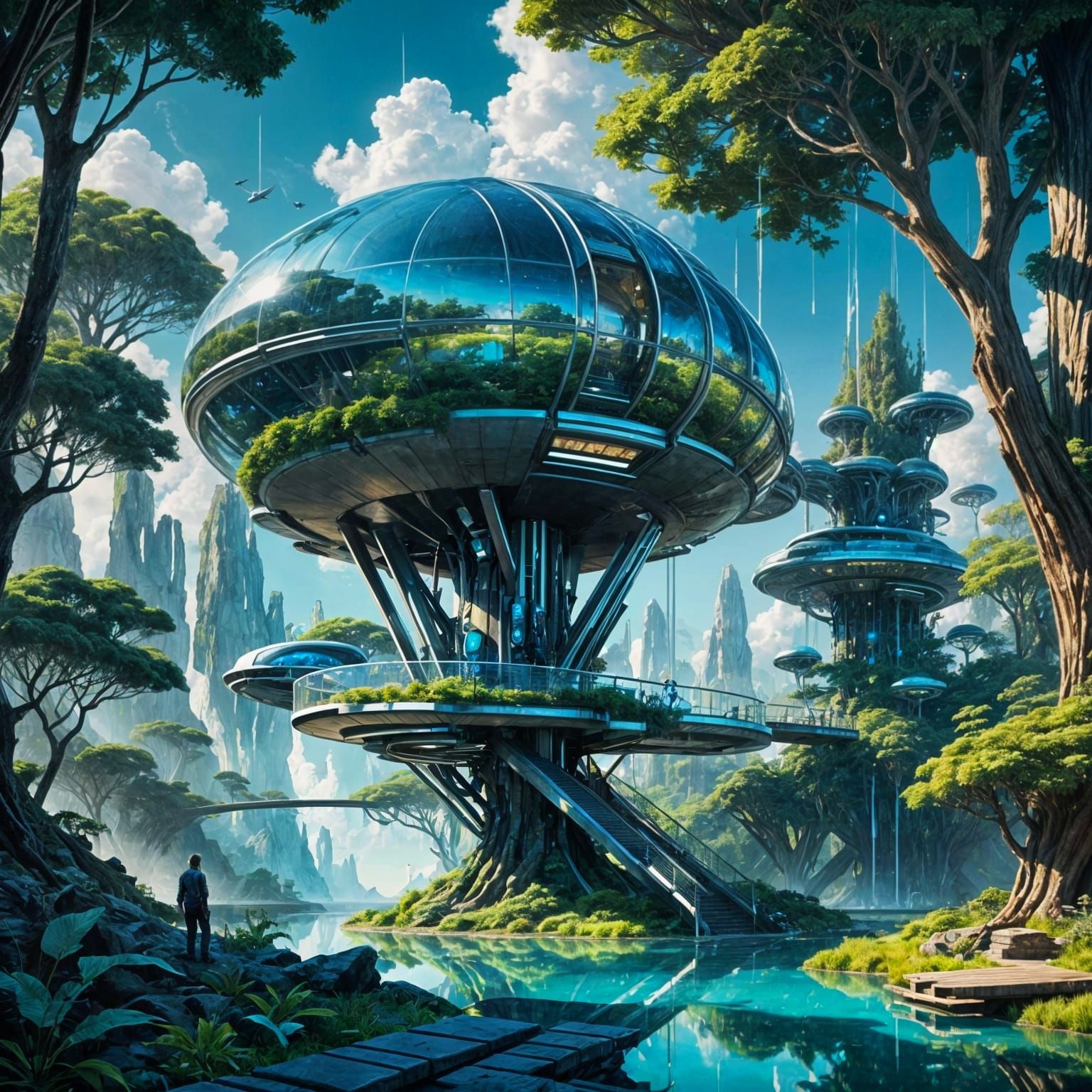 Futuristic Treehouse Pod Amidst Cloudscape in Sci-Fi Style