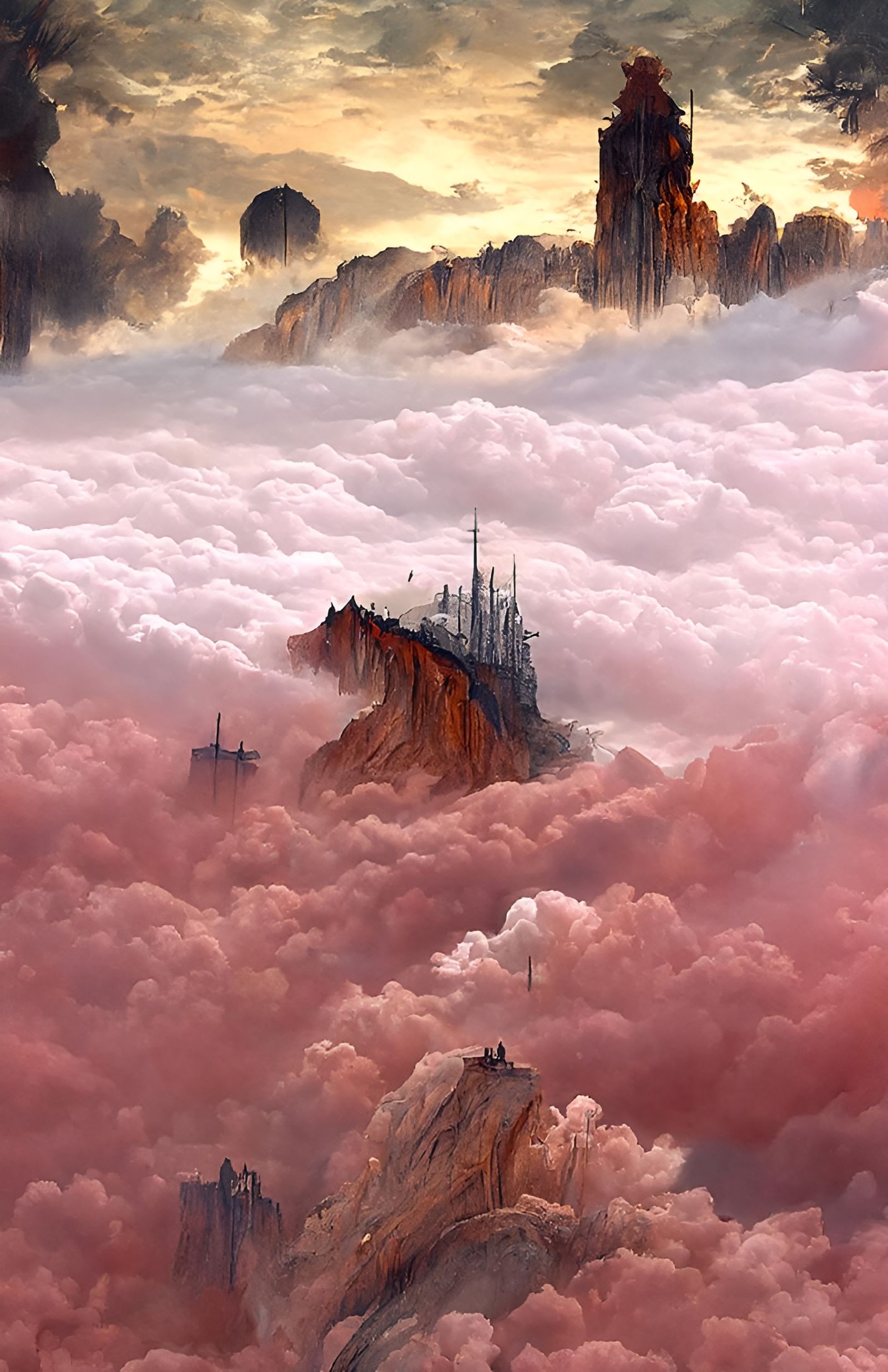Spooky Red Cliffs Over Mystical City in Clouds