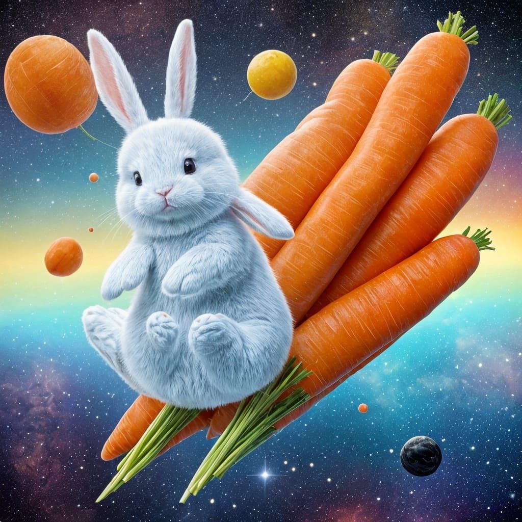 Bunny in Space Eating Cosmic Carrots