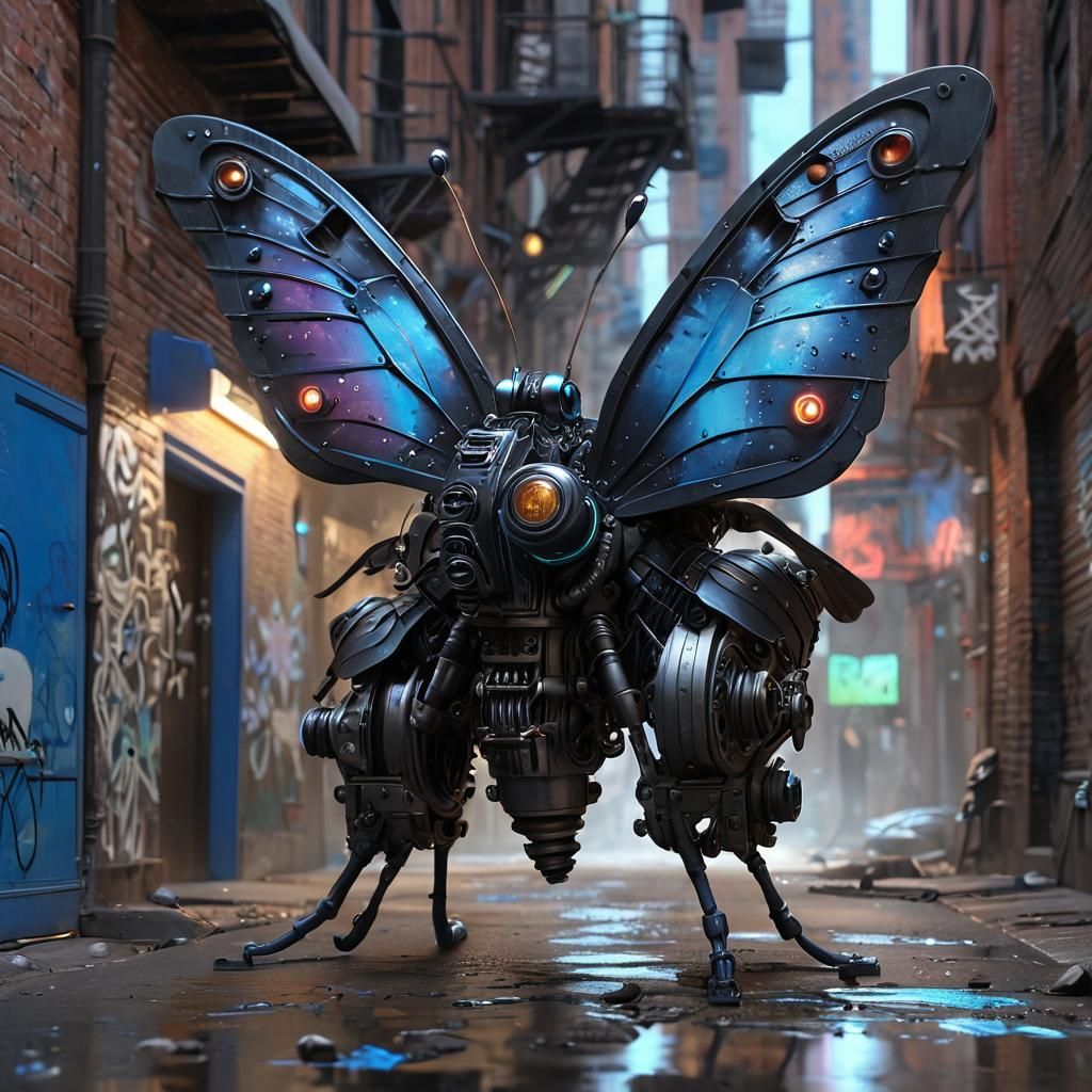 Mechanical Butterfly Graffiti Artist in Hyper-Realistic Pain...