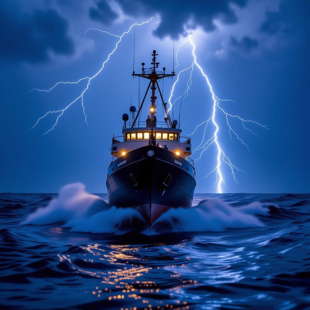 Ship at Sea During Storm with Dramatic Lighting