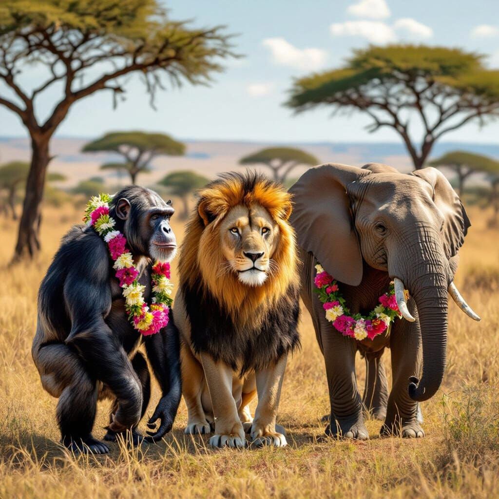 Savanna Summit: Chimpanzee, Lion, and Elephant Meeting