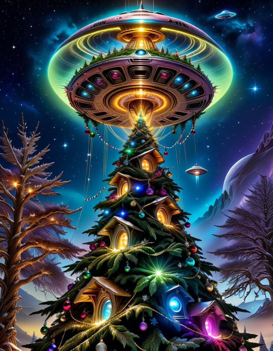 Alien Christmas Tree with UFOs in Detailed HDR Style