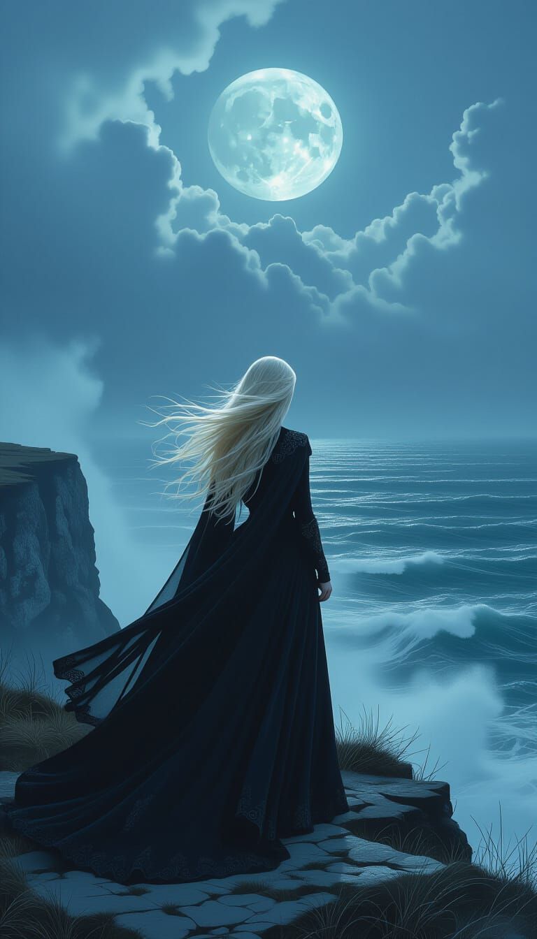 Gothic Figure on Windswept Cliff Overlooking Stormy Sea
