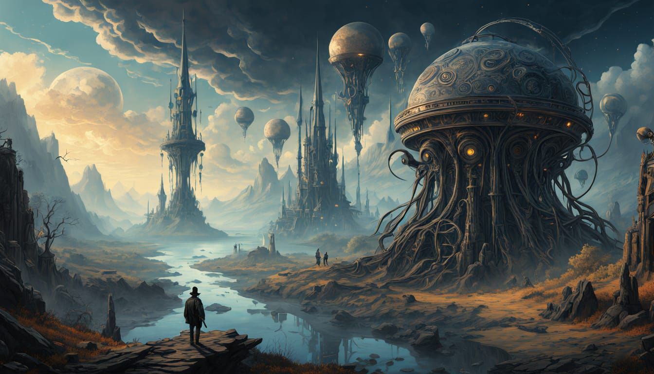 Explorer in Alien Valley with Giant Machine Skeletons