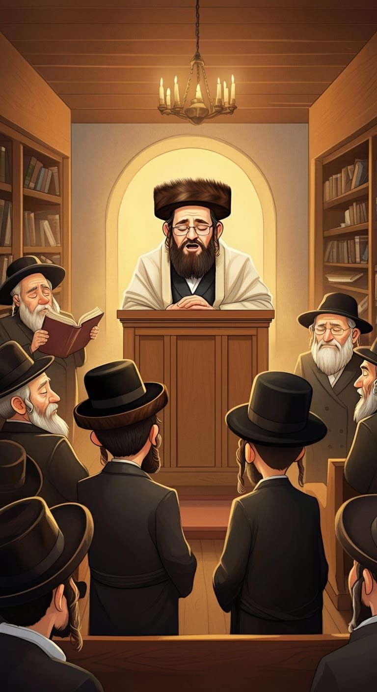 Hasidic Cantor in Shtiebel: Cartoon Style Illustration