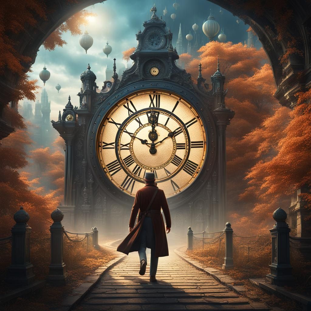 Time Traveler Enters Clock Portal: Detailed Matte Painting