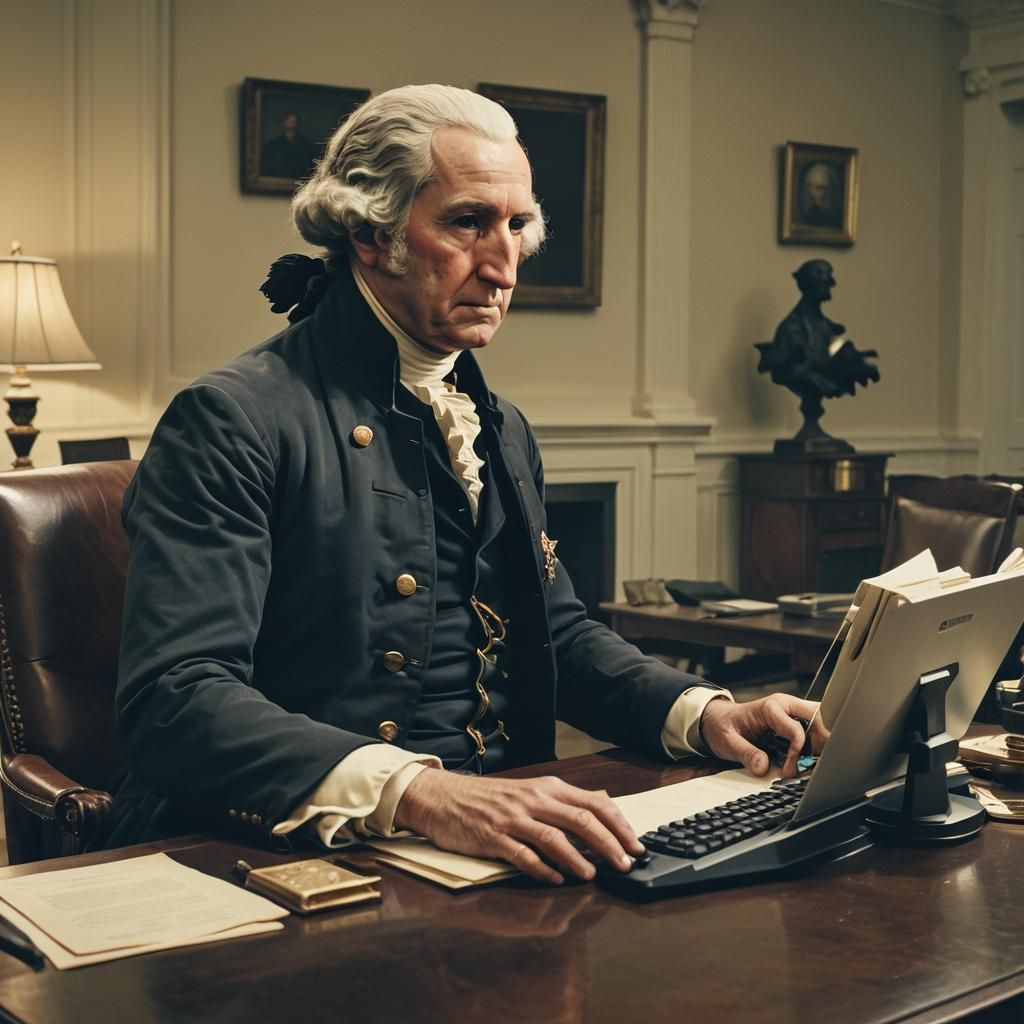 George Washington Using Desktop: Cinematic Film Still