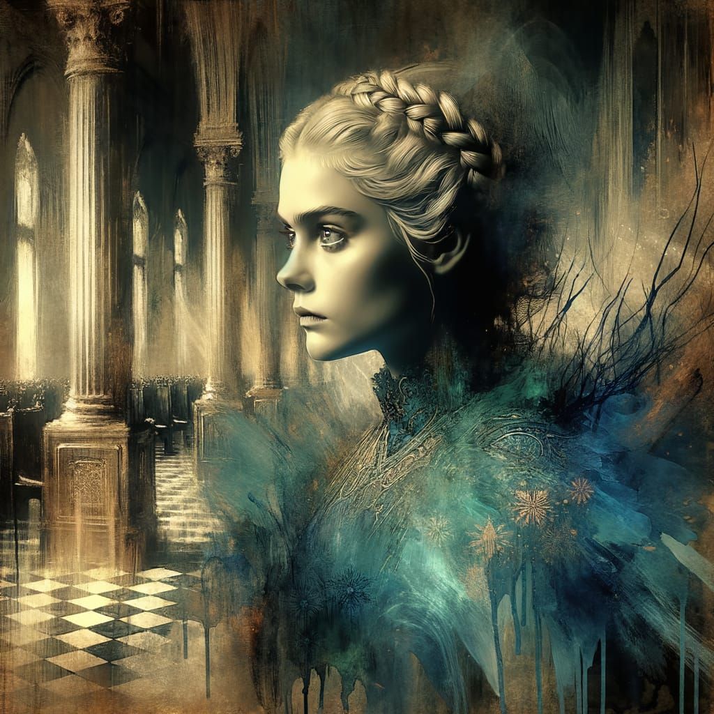 Norse Goddess in Castle Hall with Double Exposure