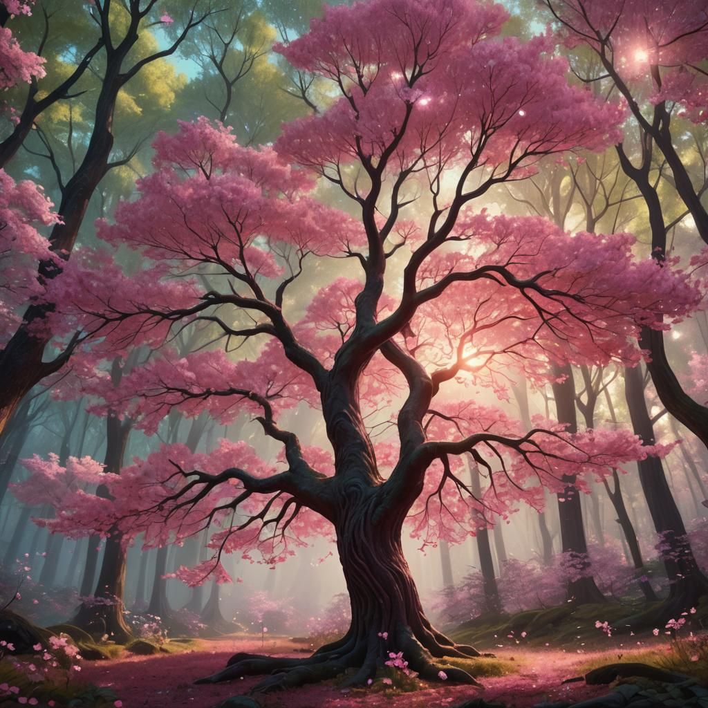 Pink Tree with Glowing Flowers in Whimsical Forest