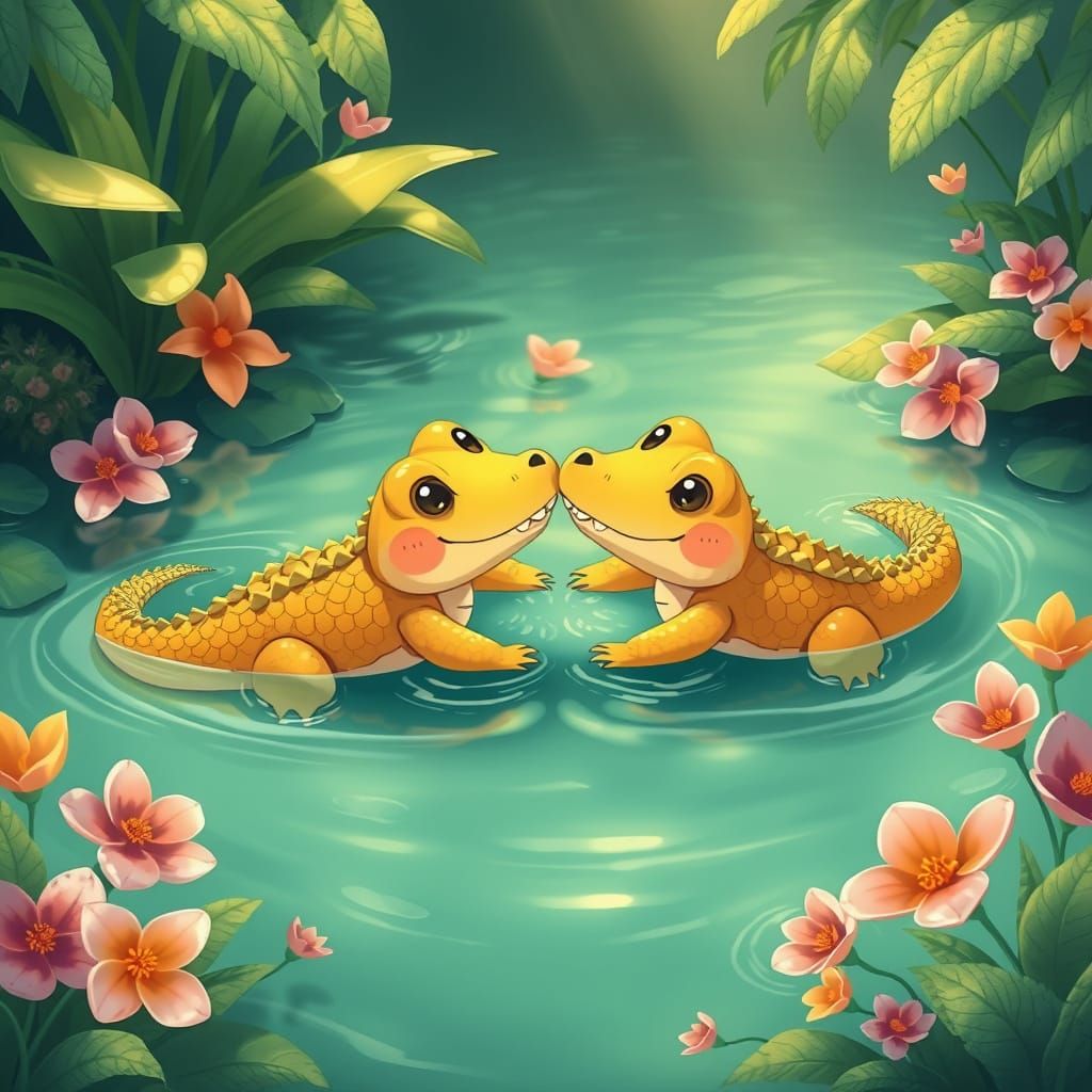 Golden Hearted Crocodile Couple in a Serene Lagoon