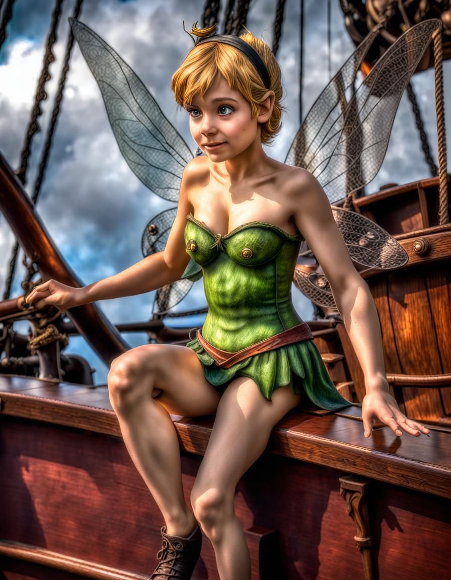 Hyperrealistic Tinkerbell on Pirate Ship in HDR
