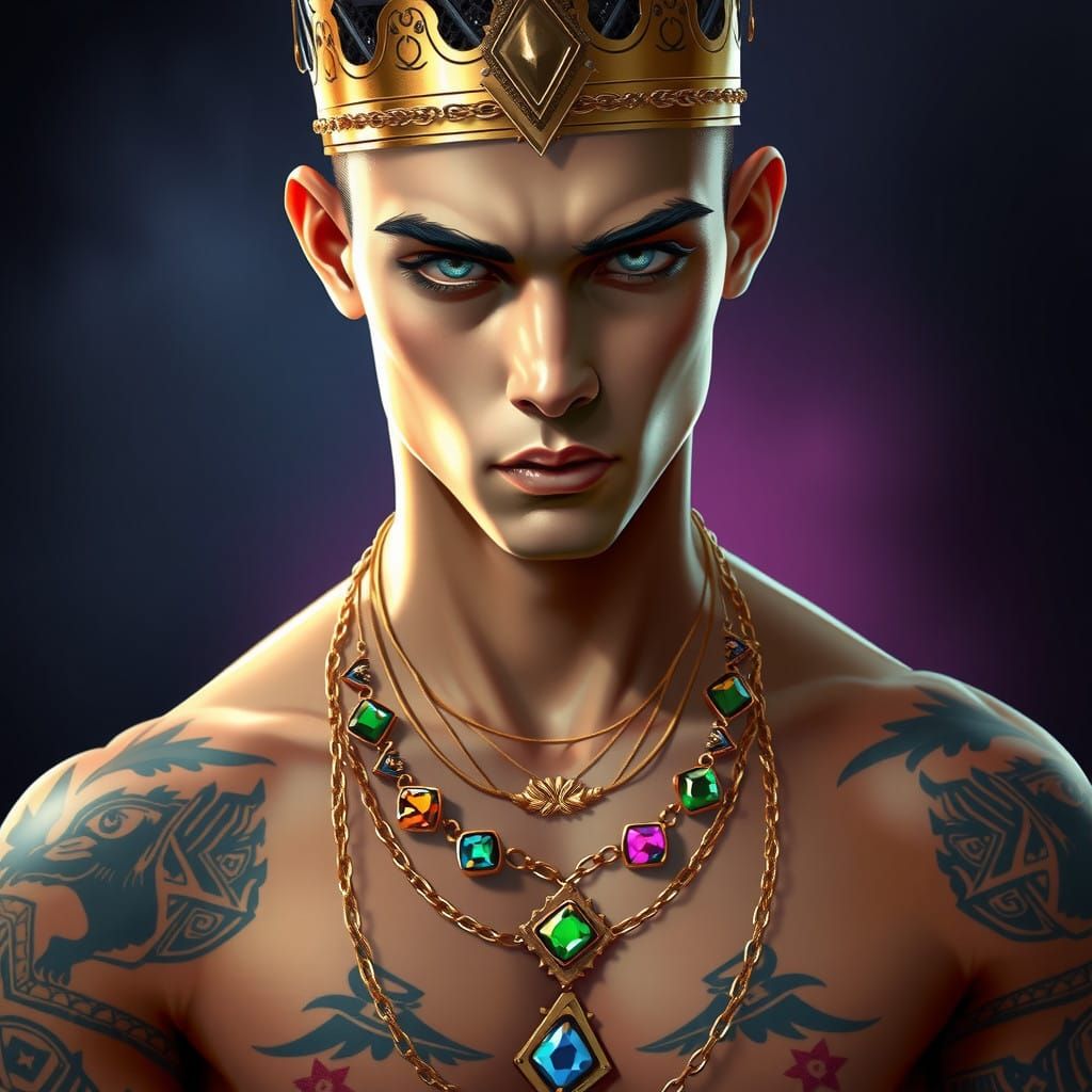 Regal Young Man with Vibrant Gemstones and Geometric Tattoos...