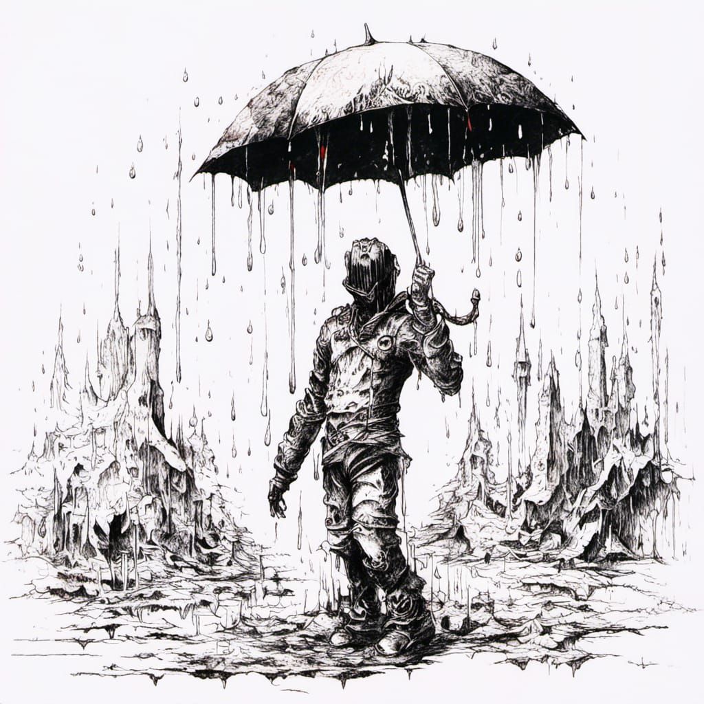 Robot in Rain with Umbrella, Ink Drawing