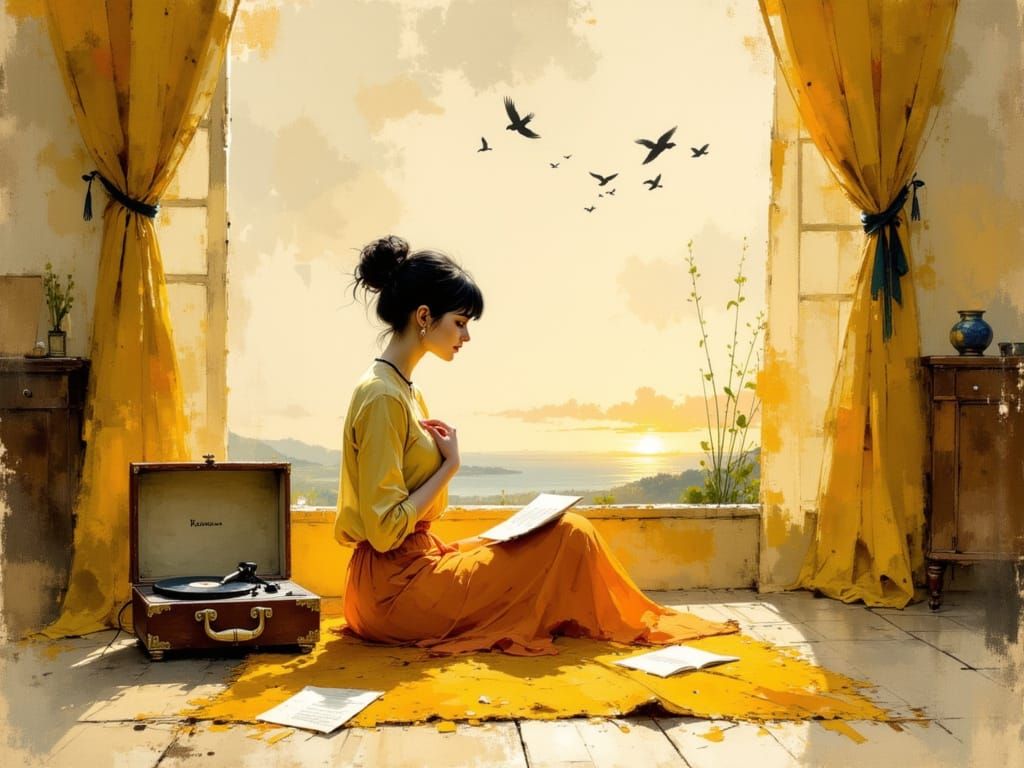 Whimsical Woman Lost in Thought Amidst Golden Evening Light