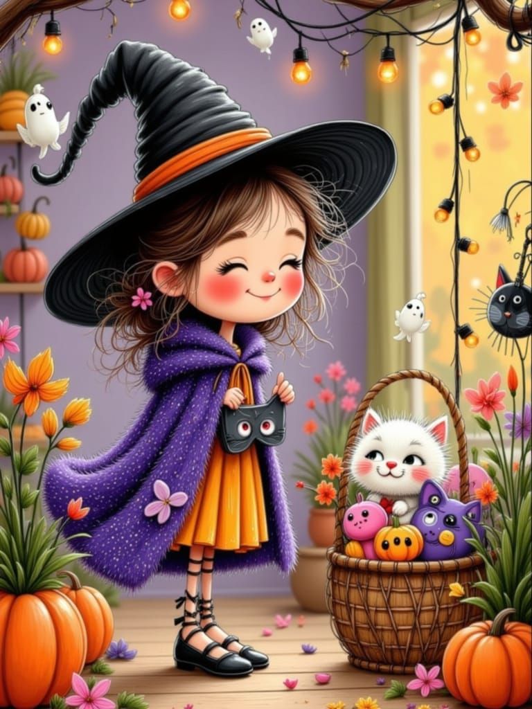 Cute Doodled Witch Girl and Cat in Halloween Shop