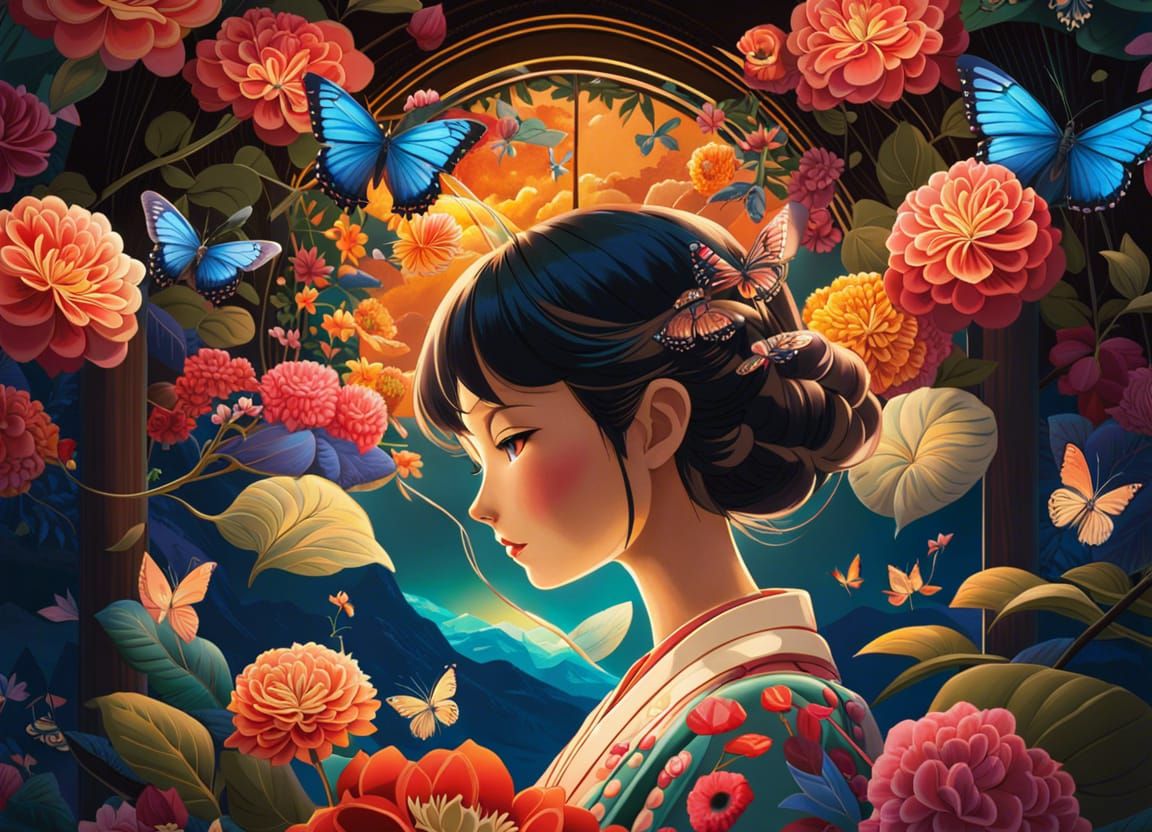 Kimono with Roses and Butterflies in Candy Art Style