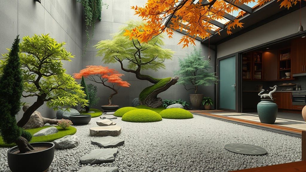 Serene Zen Oasis Amidst Hypermaximalist Chaos