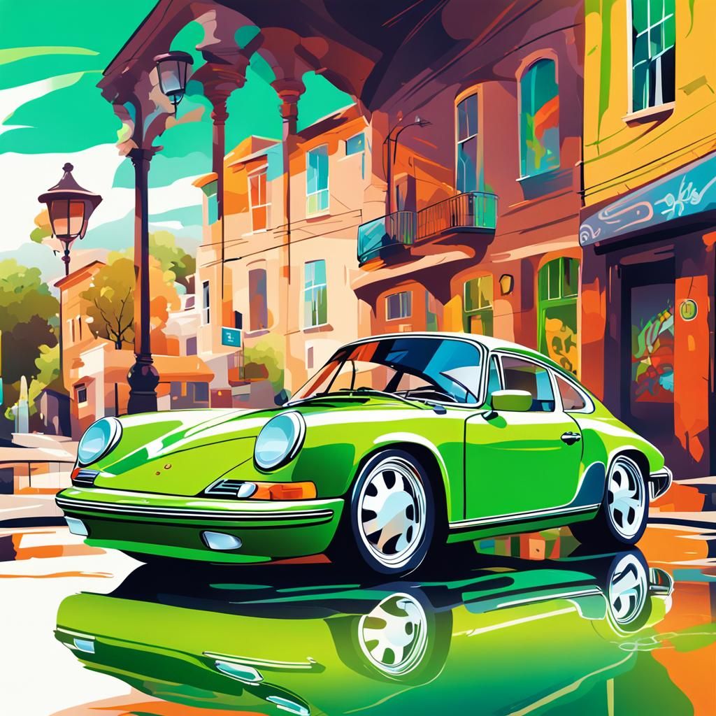 Green Porsche Sports Car in Vector Illustration Style