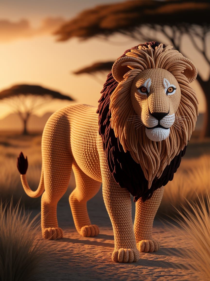 Surrealistic Crocheted Lion in Golden Savannah