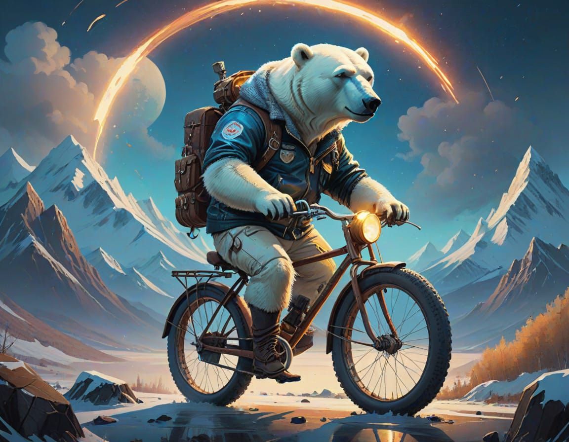 Majestic Polar Bear Rides Vintage Bicycle Through Arctic Lan...